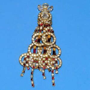 Vintage Rhinestone Christmas Tree Brooch Pin Angel Candle 3 Tiers Layered Dangle